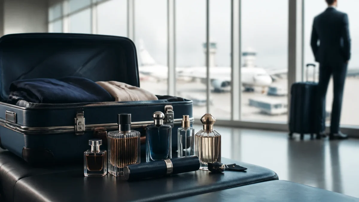 Perfume na bagagem de mão: quando pode levar e o que conferir - Frascos de perfume organizados ao lado de uma mala de bordo em aeroporto