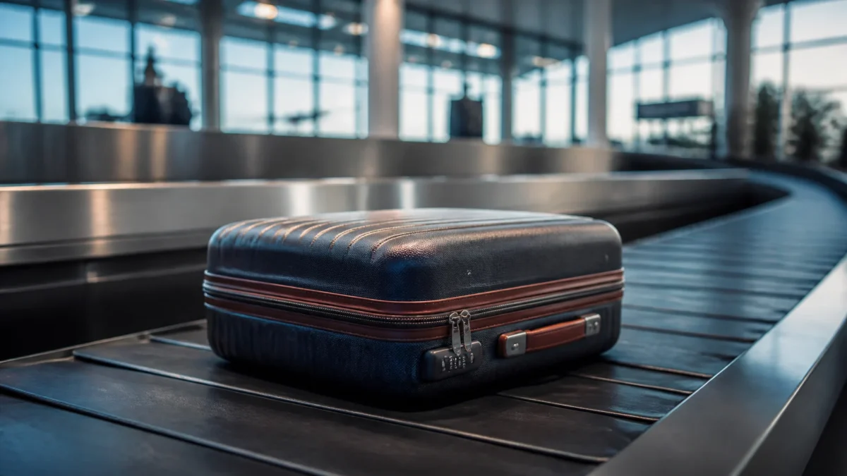 Pode colocar cadeado na mala despachada? Saiba quando ele ajuda - Mala despachada com cadeado TSA em esteira de aeroporto