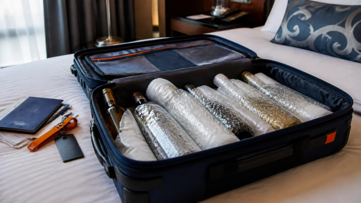 Pode levar bebida alcoólica no avião? Regras para mala e bagagem de mão - Garrafas de bebida alcoólica embaladas com proteção dentro de uma mala de viagem