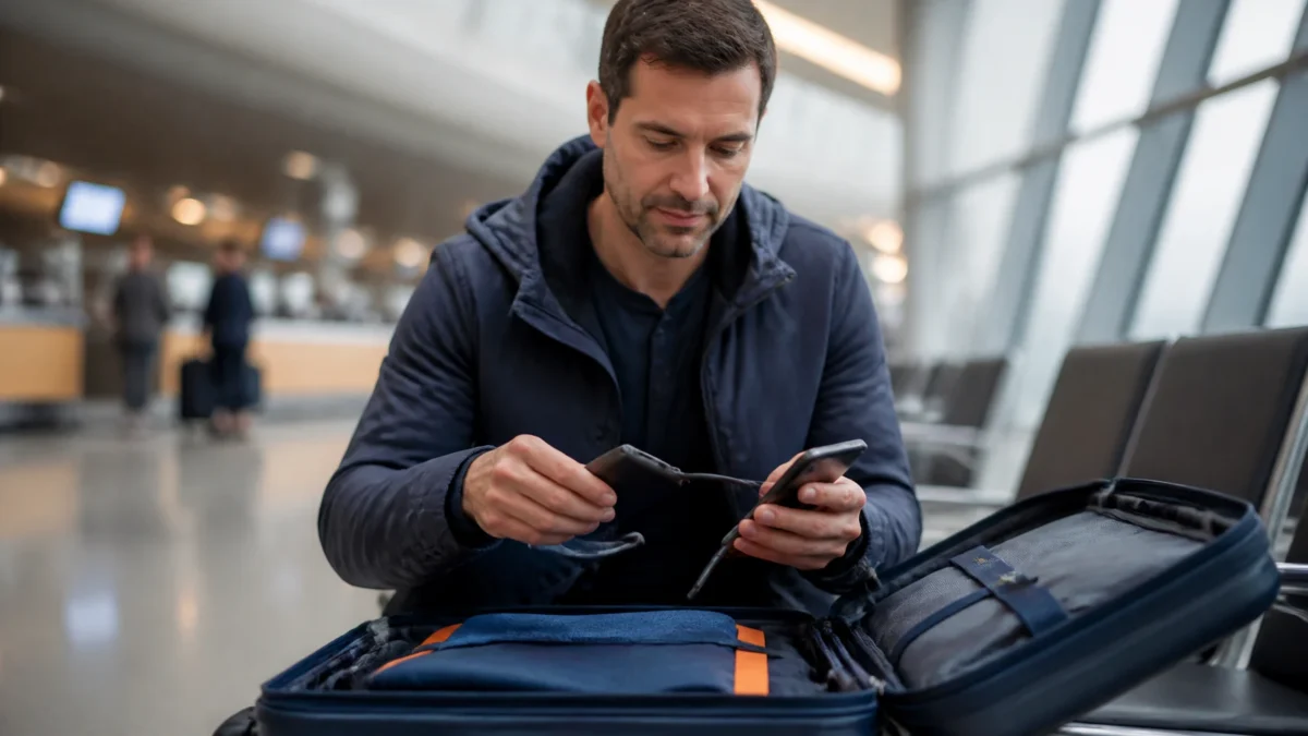 Pode levar power bank no avião? Saiba onde guardar com segurança - Passageira organizando power bank e eletrônicos na bagagem de mão antes do voo