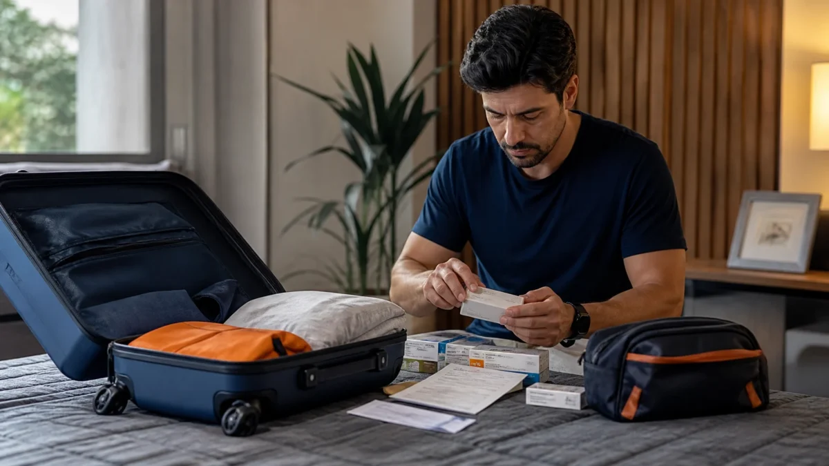 Pode levar remédio no avião? Veja como transportar medicamentos - Passageira organizando medicamentos para levar no avião em uma mala de bordo