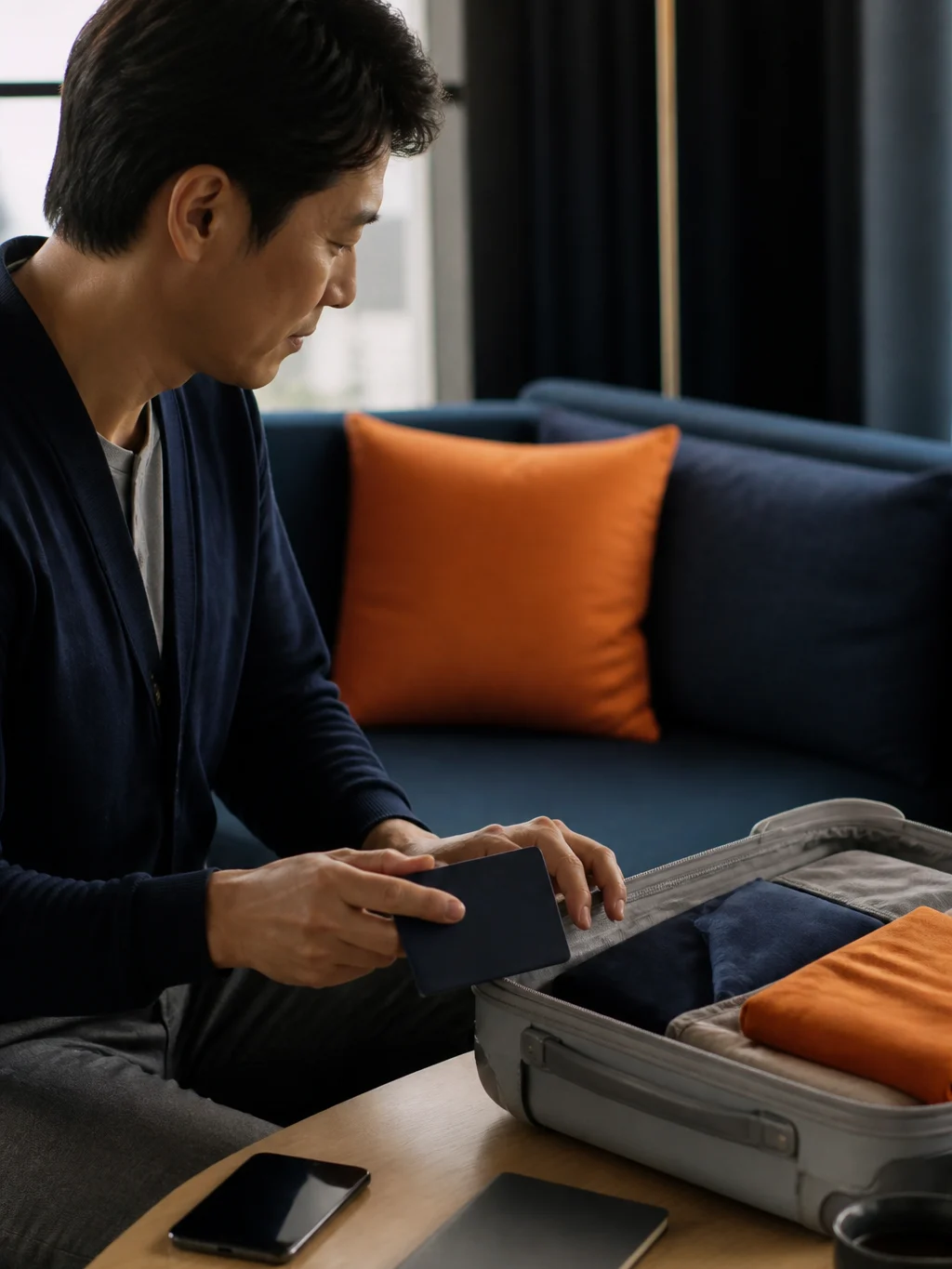 Pontos Livelo expiram? Como consultar a validade e evitar perdas - Viajante organizando documentos e celular para consultar pontos Livelo antes de uma viagem
