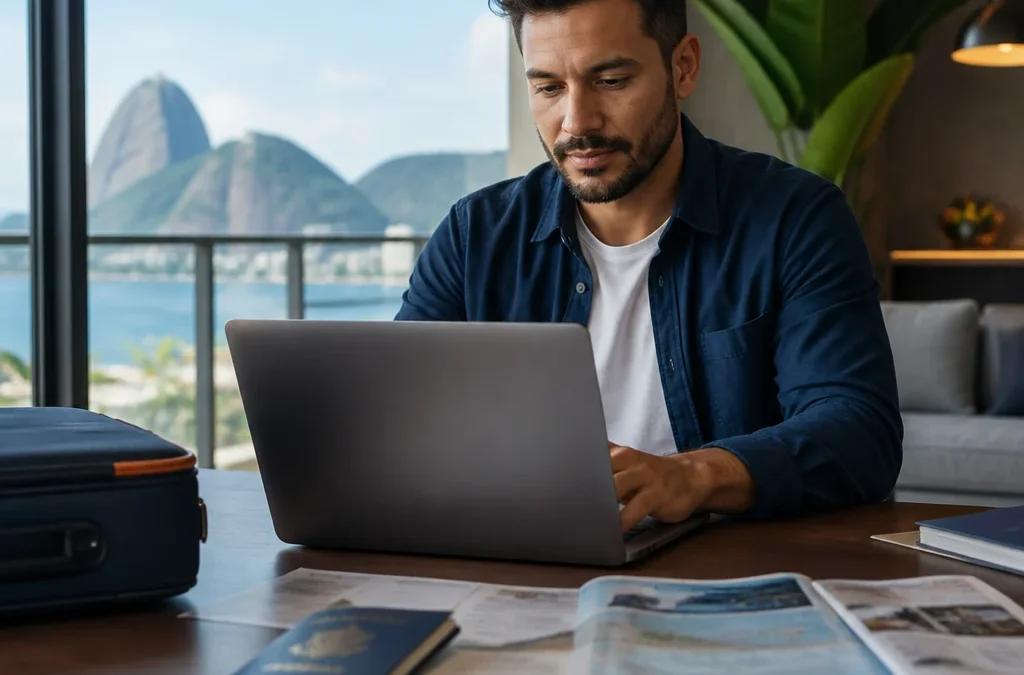 Posso emitir passagem com milhas para outra pessoa? Entenda as regras - destacada: Pessoa emitindo passagem com milhas para outra pessoa em um notebook