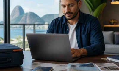 Posso emitir passagem com milhas para outra pessoa? Entenda as regras - destacada: Pessoa emitindo passagem com milhas para outra pessoa em um notebook