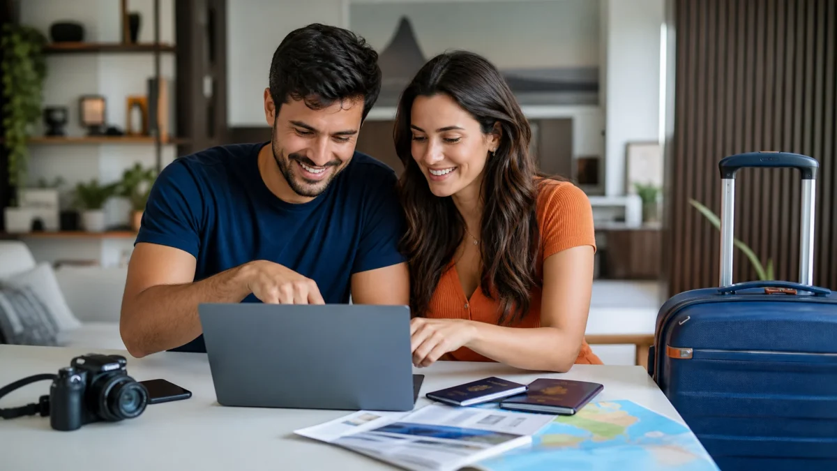 Preço do pacote de viagem é por pessoa ou por quarto? Saiba calcular - Casal analisando o preço de um pacote de viagem em um notebook