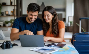 Preço do pacote de viagem é por pessoa ou por quarto? Saiba calcular - Casal analisando o preço de um pacote de viagem em um notebook