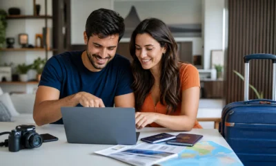 Preço do pacote de viagem é por pessoa ou por quarto? Saiba calcular - Casal analisando o preço de um pacote de viagem em um notebook