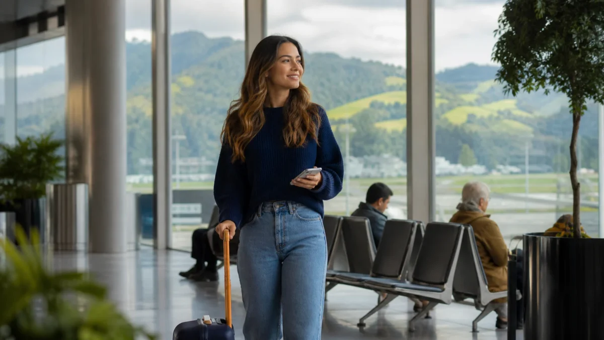 Qual aeroporto para Gramado? Compare Porto Alegre e Caxias - Passageira com mala observando as montanhas da Serra Gaúcha ao planejar qual aeroporto para Gramado usar