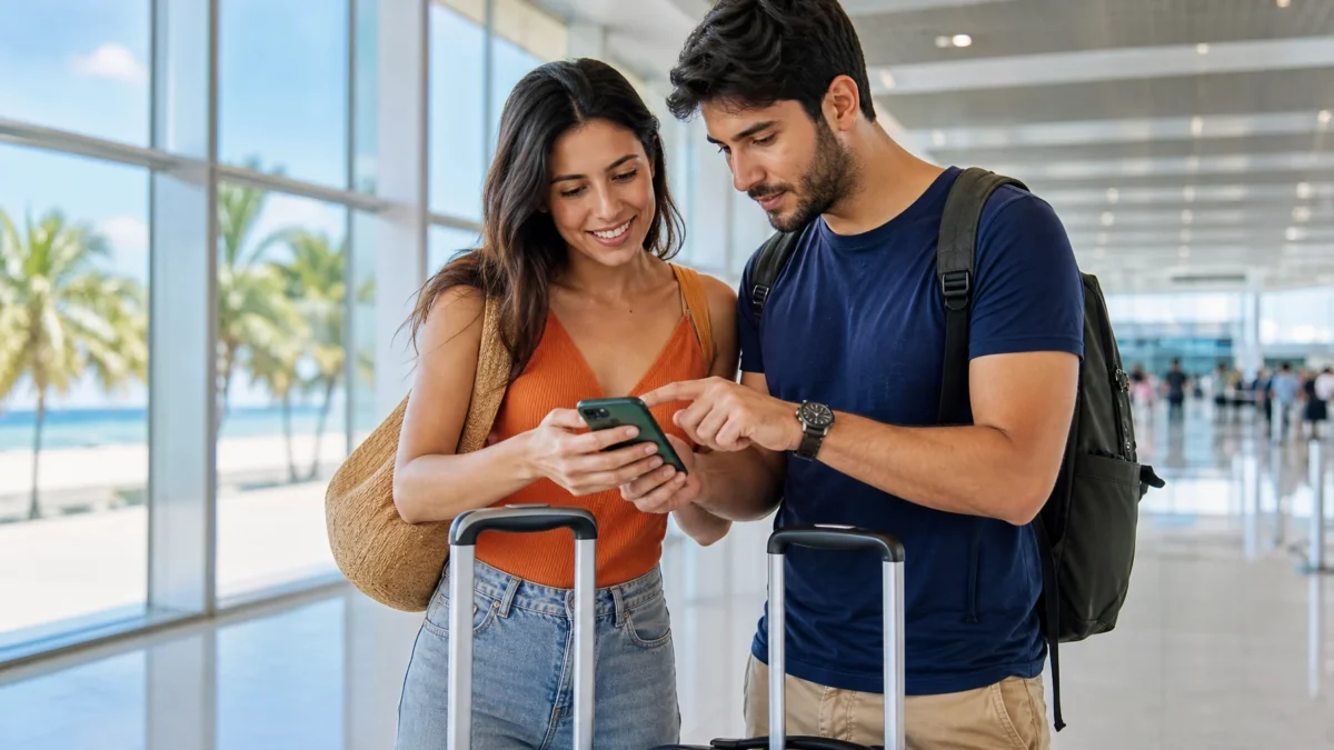 Qual aeroporto para Maragogi? Compare Maceió e Recife antes de viajar - Passageiros com malas planejando a chegada em Maragogi entre os aeroportos de Maceió e Recife