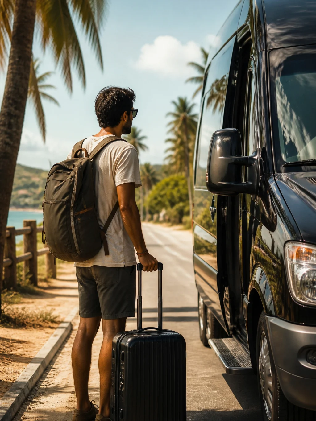 Qual aeroporto para Maragogi? Compare Maceió e Recife antes de viajar - Viajante aguardando transfer para Maragogi com mala próximo a uma van