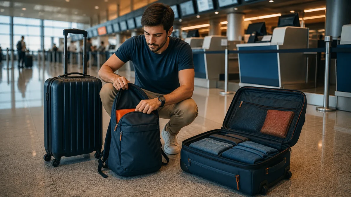 Quantas malas posso levar no avião? Veja o que realmente define o limite - Passageiro organizando malas para entender quantas malas pode levar no avião