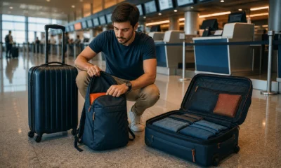 Quantas malas posso levar no avião? Veja o que realmente define o limite - Passageiro organizando malas para entender quantas malas pode levar no avião