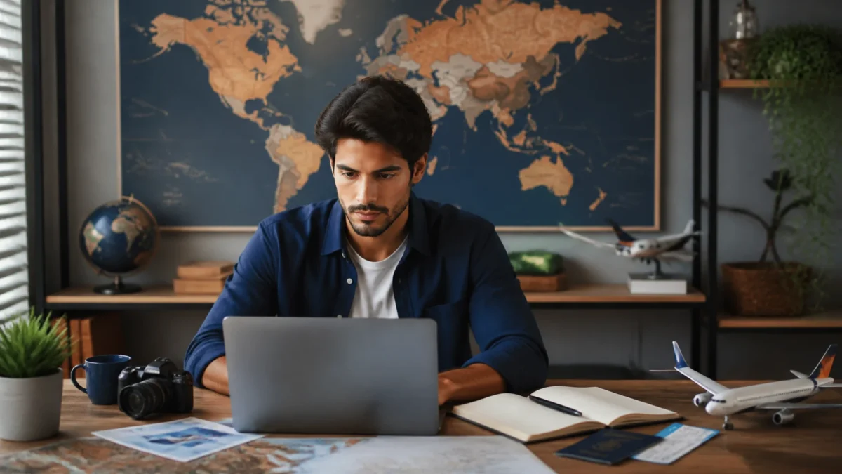Quanto ganha um afiliado de passagens aéreas e o que influencia a comissão - Criador de conteúdo analisando quanto ganha um afiliado de passagens aéreas em notebook