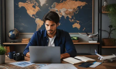 Quanto ganha um afiliado de passagens aéreas e o que influencia a comissão - Criador de conteúdo analisando quanto ganha um afiliado de passagens aéreas em notebook