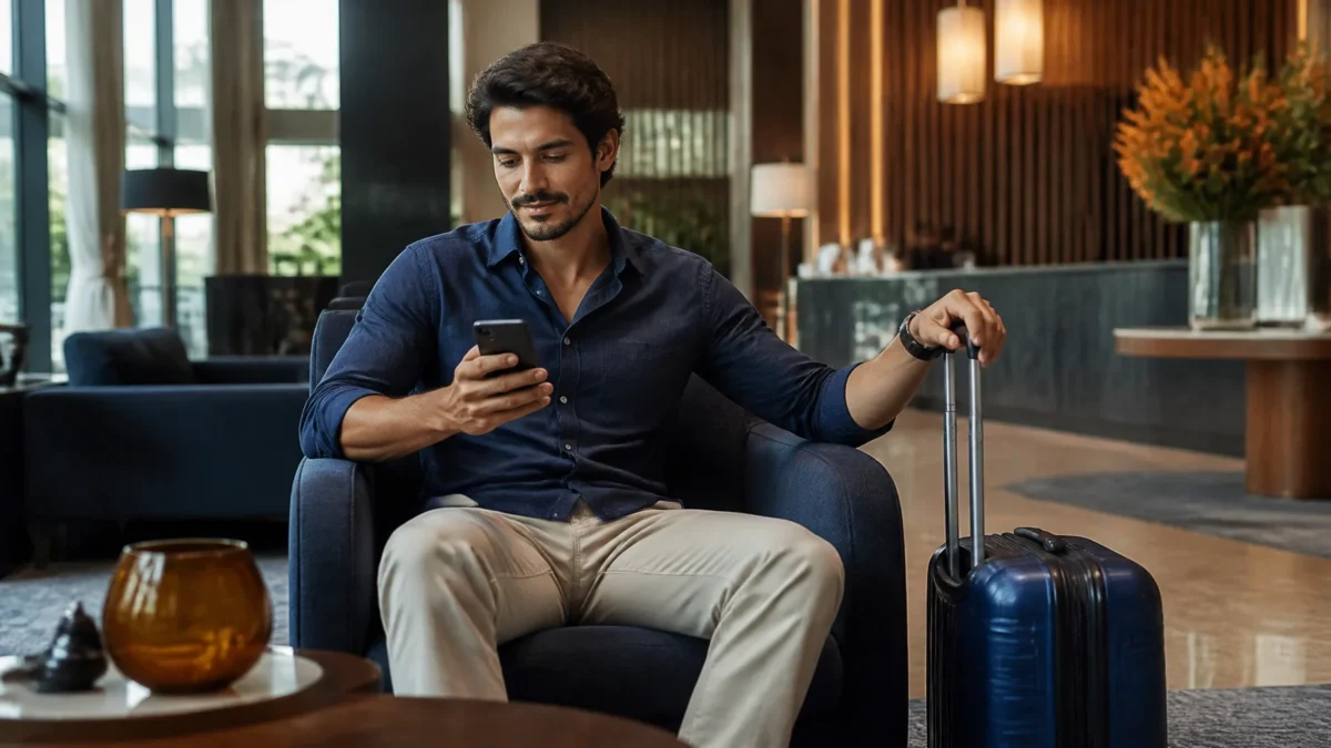 Reservar hotel agora e pagar depois: quando essa opção vale a pena - Viajante conferindo uma reserva de hotel com pagamento posterior