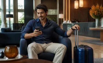 Reservar hotel agora e pagar depois: quando essa opção vale a pena - Viajante conferindo uma reserva de hotel com pagamento posterior