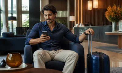 Reservar hotel agora e pagar depois: quando essa opção vale a pena - Viajante conferindo uma reserva de hotel com pagamento posterior