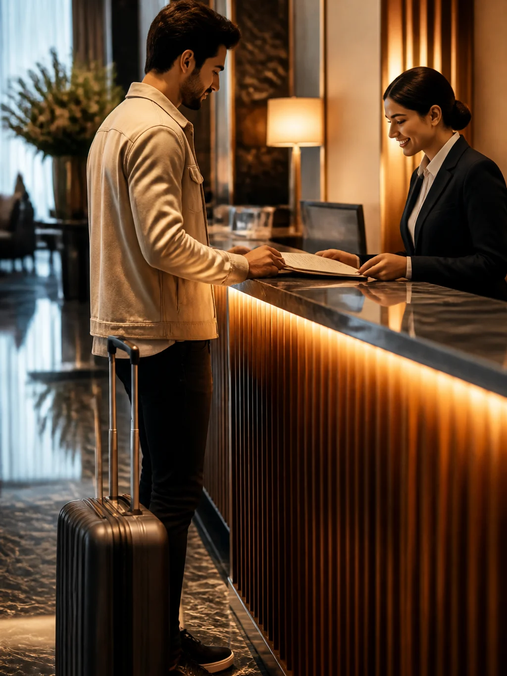 Reservar hotel agora e pagar depois: quando essa opção vale a pena - Hóspede confirmando reserva para pagar hotel no check-in