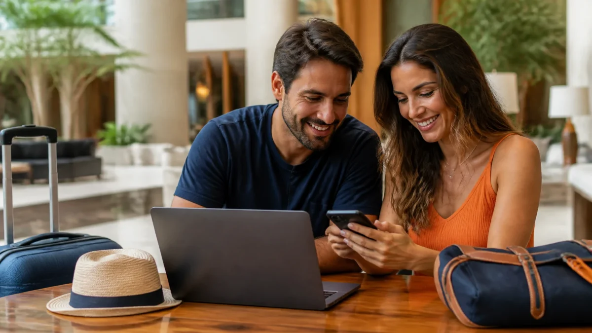 Reservar hotel direto ou por agência: como escolher com segurança - Casal comparando opções para reservar hotel direto ou por agência