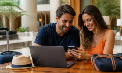Reservar hotel direto ou por agência: como escolher com segurança - Casal comparando opções para reservar hotel direto ou por agência