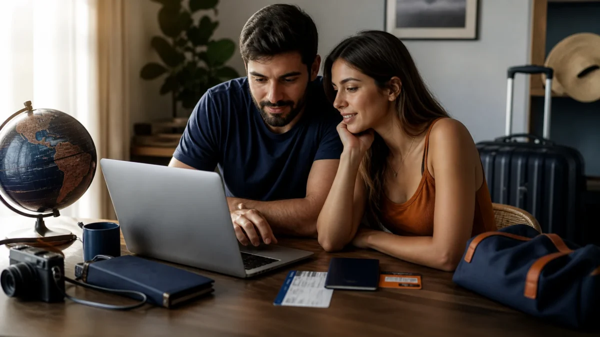 Vale a pena comprar passagem e hotel juntos? Saiba quando compensa - Casal comparando passagem aérea e hotel juntos para planejar uma viagem