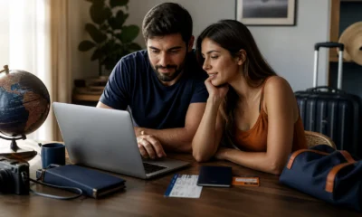 Vale a pena comprar passagem e hotel juntos? Saiba quando compensa - Casal comparando passagem aérea e hotel juntos para planejar uma viagem