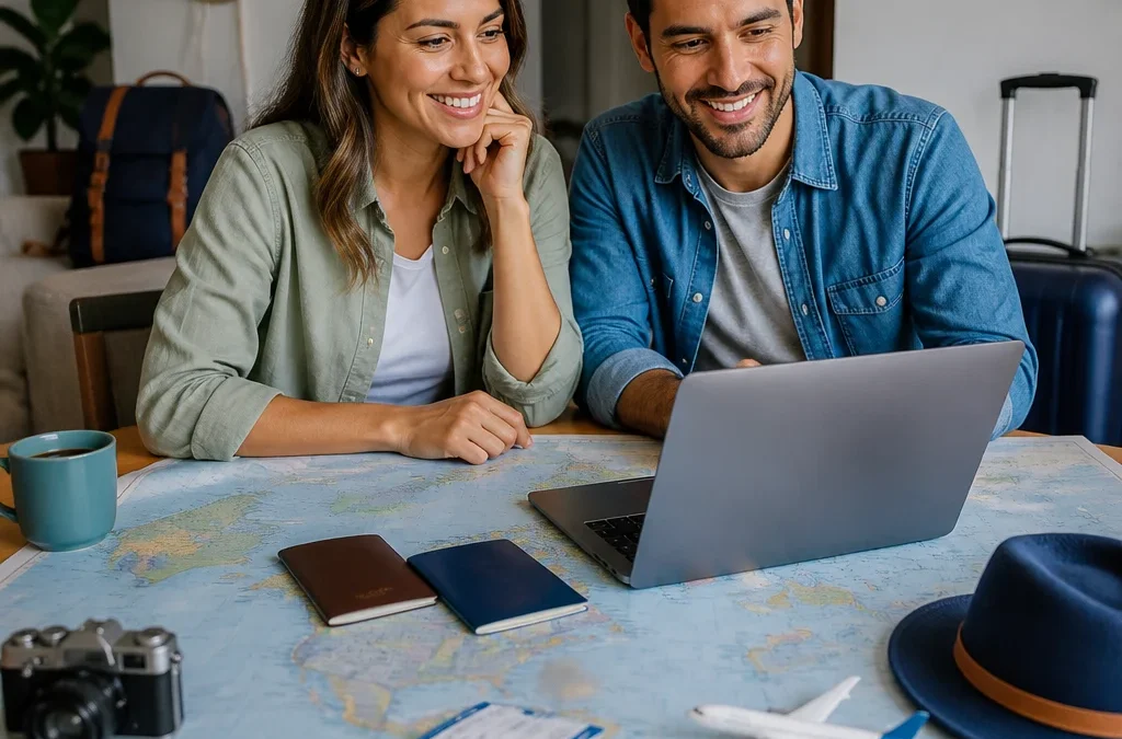 Vale a pena usar milhas em viagem internacional? Saiba comparar antes de emitir - destacada: Casal comparando milhas e tarifas para uma viagem internacional