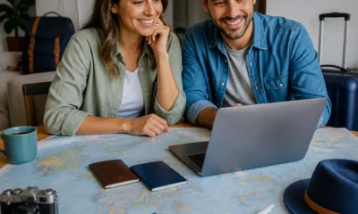 Vale a pena usar milhas em viagem internacional? Saiba comparar antes de emitir - destacada: Casal comparando milhas e tarifas para uma viagem internacional