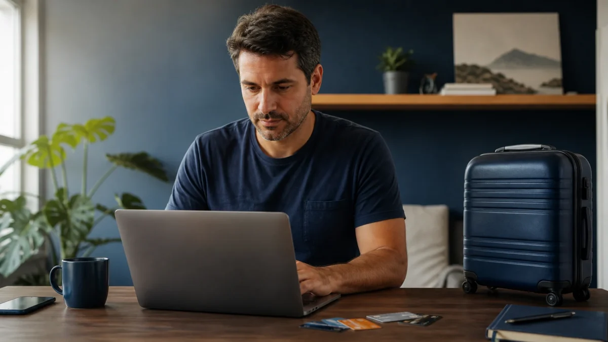 Vender pontos Livelo: entenda alternativas e cuidados antes da cotação - Pessoa analisando pontos Livelo e opções de viagem em notebook ao lado de cartões