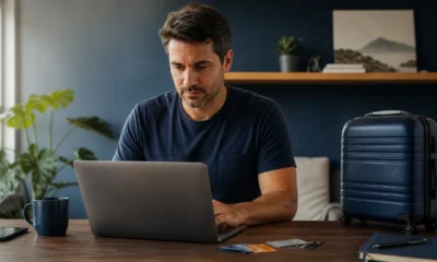 Vender pontos Livelo: entenda alternativas e cuidados antes da cotação - Pessoa analisando pontos Livelo e opções de viagem em notebook ao lado de cartões
