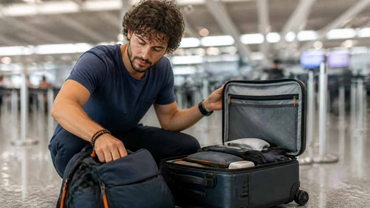 Bagagem de mão LATAM: o que conferir antes de embarcar - Passageira organizando bagagem de mão LATAM e mochila em aeroporto