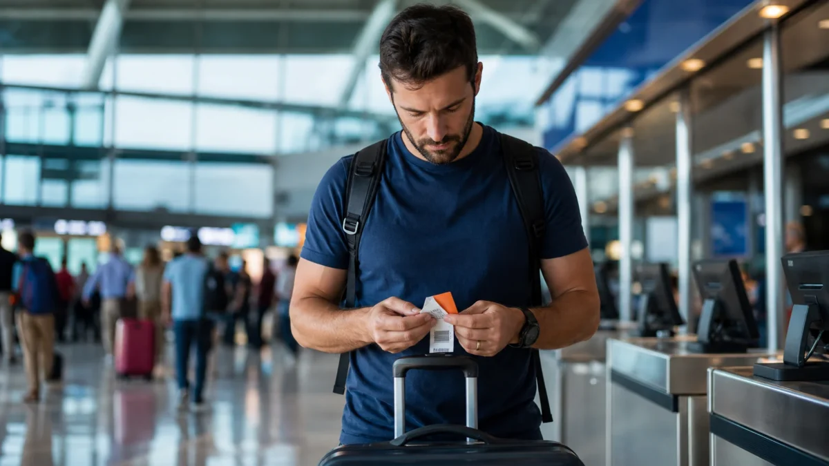 Bagagem em voo com conexão: quando a mala segue até o destino - Passageira conferindo etiqueta de bagagem em voo com conexão no aeroporto