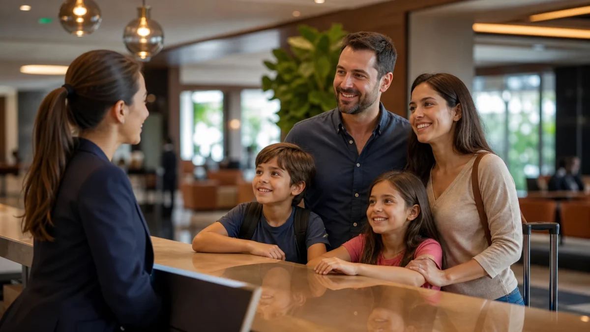 Cama extra no hotel: quando é possível pedir e o que conferir antes - Família consultando a possibilidade de cama extra no hotel em um quarto de hospedagem