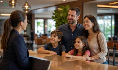 Cama extra no hotel: quando é possível pedir e o que conferir antes - Família consultando a possibilidade de cama extra no hotel em um quarto de hospedagem