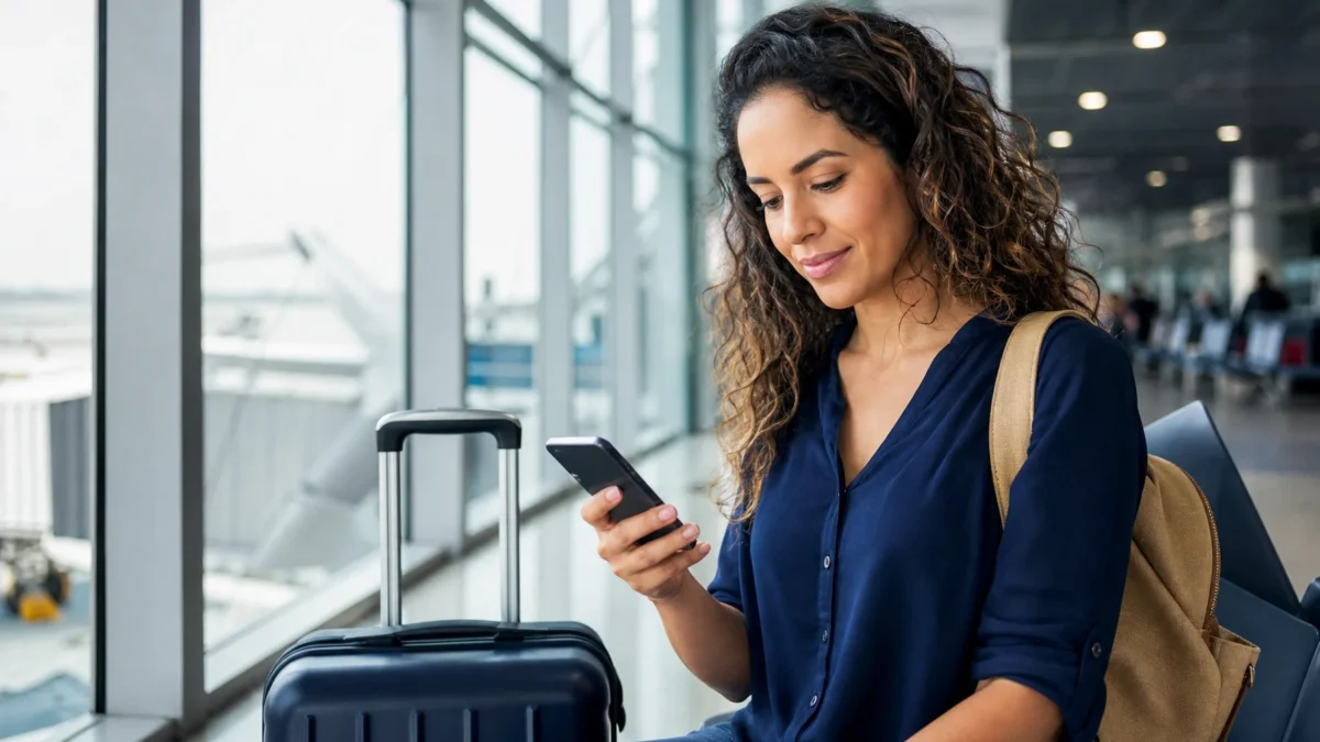 Cartão de embarque: como obter, usar no celular e evitar imprevistos - Passageira consultando cartão de embarque digital no celular dentro de um aeroporto