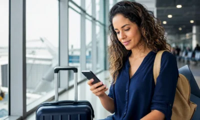 Cartão de embarque: como obter, usar no celular e evitar imprevistos - Passageira consultando cartão de embarque digital no celular dentro de um aeroporto