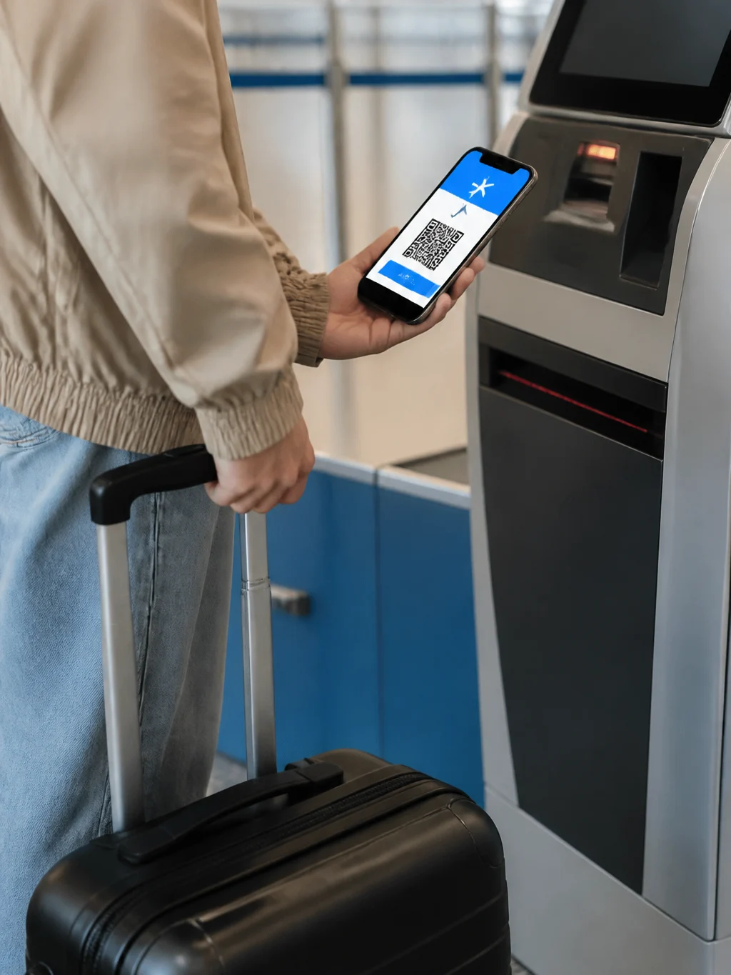 Cartão de embarque: como obter, usar no celular e evitar imprevistos - Viajante usando cartão de embarque digital no celular próximo a totem de aeroporto