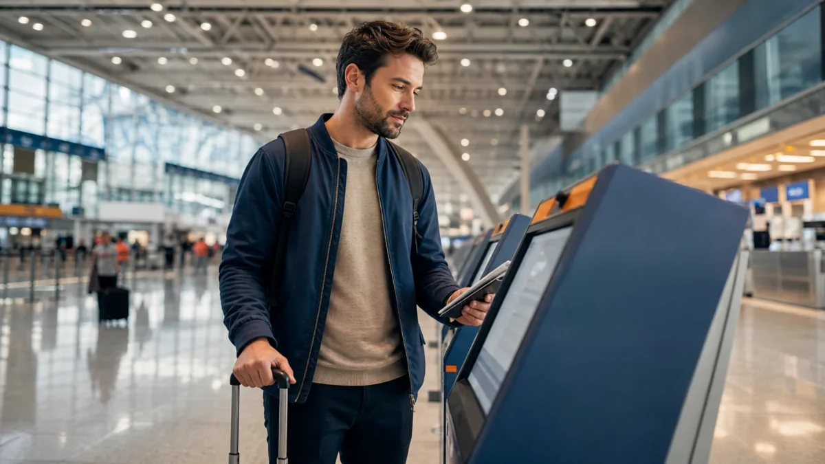 Check-in no aeroporto: como fazer no balcão ou totem sem atrasos - Passageira fazendo check-in no aeroporto em terminal de embarque