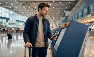 Check-in no aeroporto: como fazer no balcão ou totem sem atrasos - Passageira fazendo check-in no aeroporto em terminal de embarque