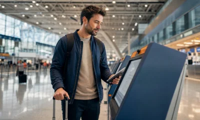 Check-in no aeroporto: como fazer no balcão ou totem sem atrasos - Passageira fazendo check-in no aeroporto em terminal de embarque