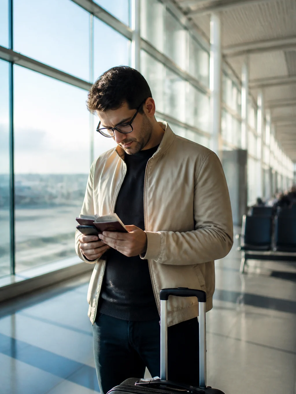 Check-in no aeroporto: como fazer no balcão ou totem sem atrasos - Viajante separando documentos para fazer check-in no aeroporto