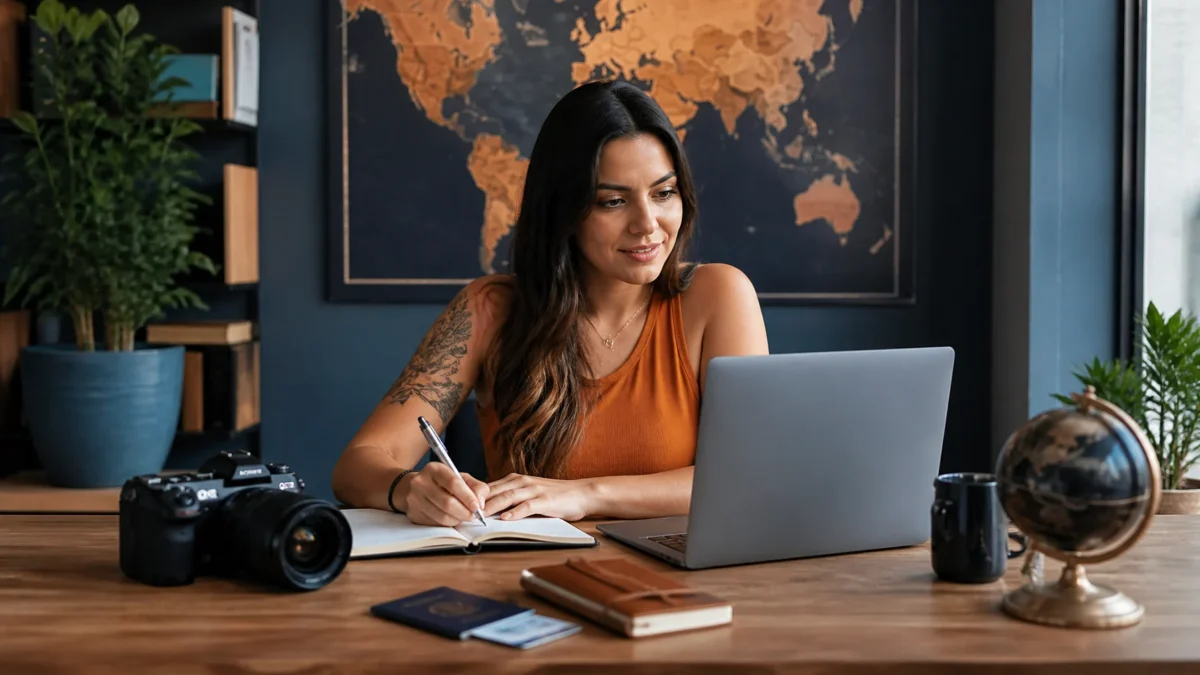 Como criar conteúdo para afiliados que informa, engaja e pode gerar vendas - Criador de conteúdo planejando posts para afiliados de viagens em notebook