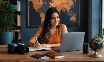 Como criar conteúdo para afiliados que informa, engaja e pode gerar vendas - Criador de conteúdo planejando posts para afiliados de viagens em notebook