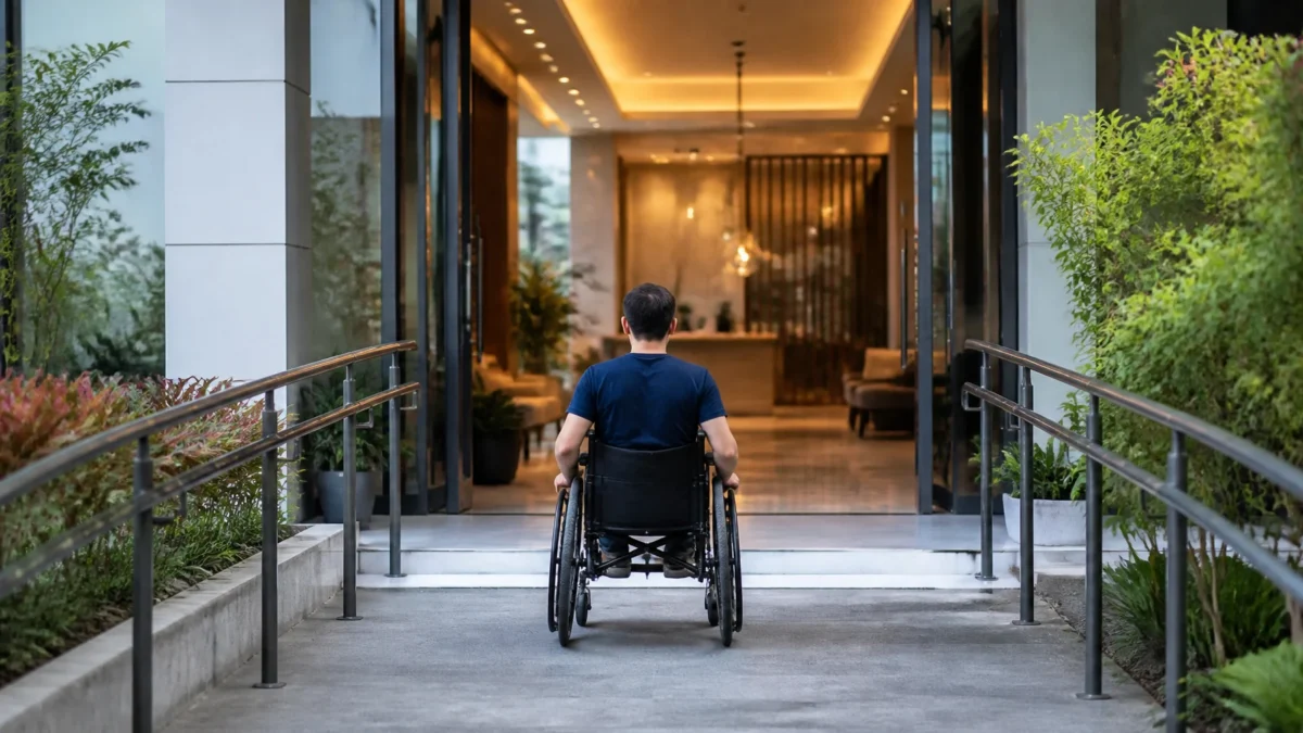 Como escolher hotel acessível e confirmar adaptações antes da reserva - Hóspede cadeirante entrando em hotel acessível com rampa na entrada