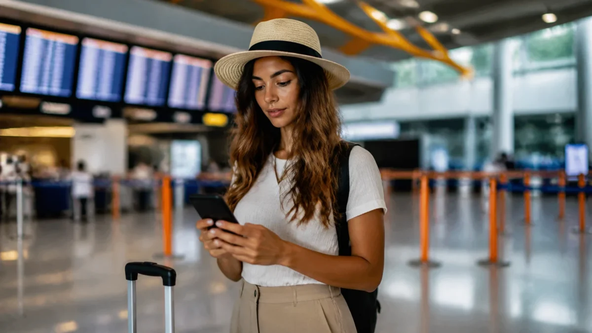 Como fazer check-in Azul e chegar ao aeroporto com mais tranquilidade - Passageira realizando check-in Azul em um terminal de aeroporto