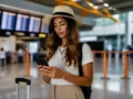 Como fazer check-in Azul e chegar ao aeroporto com mais tranquilidade - Passageira realizando check-in Azul em um terminal de aeroporto