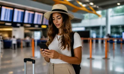 Como fazer check-in Azul e chegar ao aeroporto com mais tranquilidade - Passageira realizando check-in Azul em um terminal de aeroporto