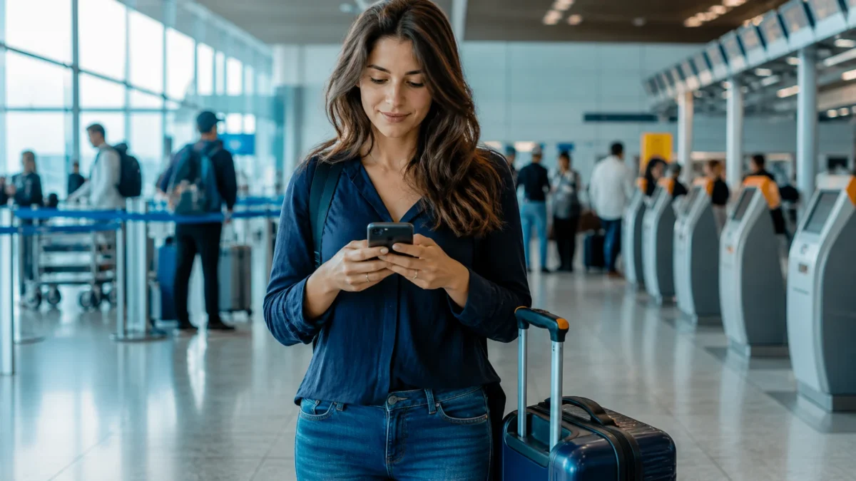 Como fazer check-in Gol e evitar problemas antes do embarque - Passageira realizando check-in Gol pelo celular com mala de bordo ao lado