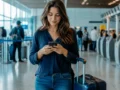 Como fazer check-in Gol e evitar problemas antes do embarque - Passageira realizando check-in Gol pelo celular com mala de bordo ao lado