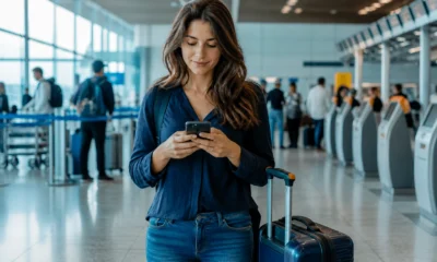 Como fazer check-in Gol e evitar problemas antes do embarque - Passageira realizando check-in Gol pelo celular com mala de bordo ao lado